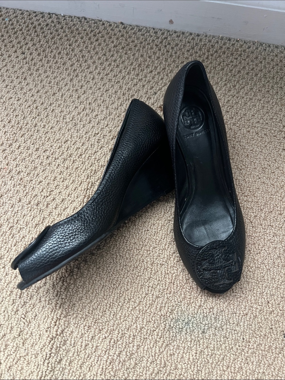 Tory Burch Black Pebbled Leather Wedge Pumps with Logo